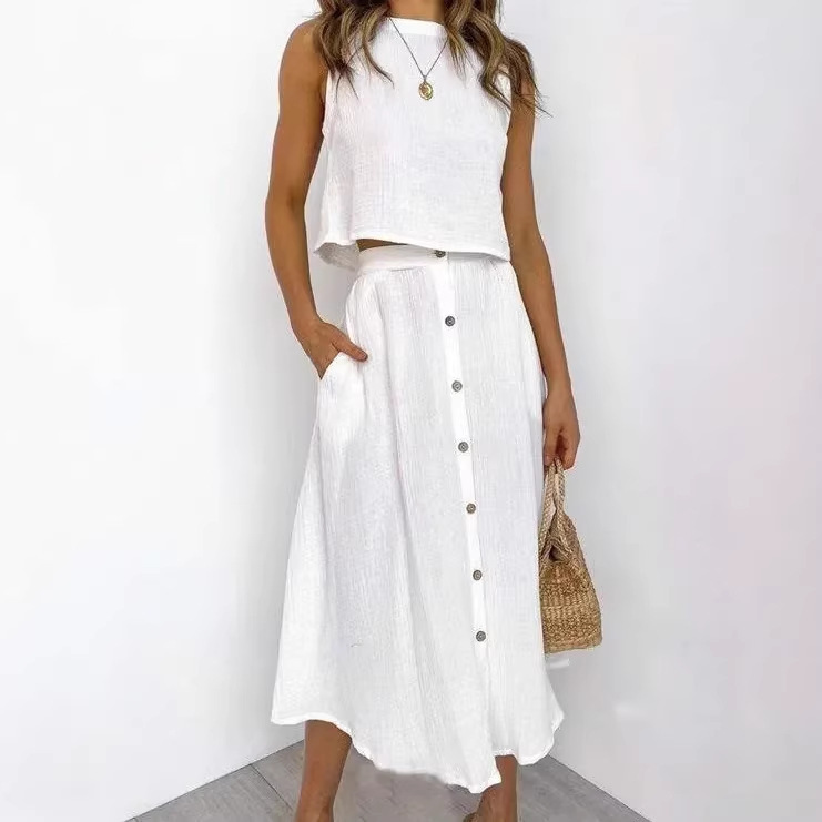 2026 New Amazon Independent Brand Round-Neck Vest Shirt and Mid-Length Buttoned Dress Two-Piece Set 2026 New Amazon Independent Brand Round-Neck Vest Shirt and Mid-Length Buttoned Dress Two-Piece Set
