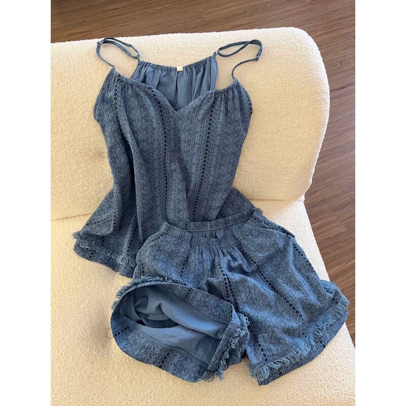 Home Leisure Retro Blue-Striped Suspender Pajamas for Women, Summer Thin Comfortable Home Wear Two-Piece Set Home Leisure Retro Blue-Striped Suspender Pajamas for Women, Summer Thin Comfortable Home Wear Two-Piece Set