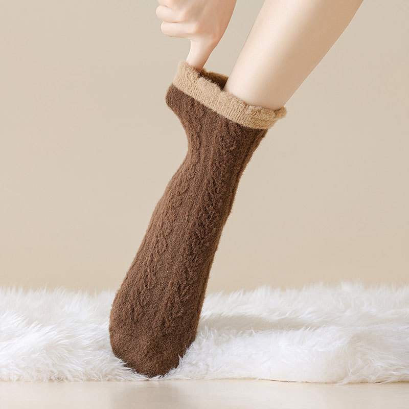 Chaussettes mi-tubes en velours australien, chaussettes épaisses et chaudes pour femmes, chaussettes de sol d'hiver, chaussettes à poils de couleur Maillard, chaussettes chaudes en serviette_voghion.com