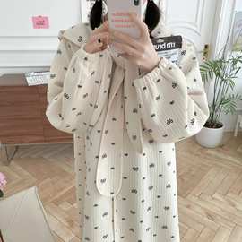 韩国ins韩版可爱蝴蝶结睡袍女秋冬新款加厚睡衣家居服睡裙可外穿