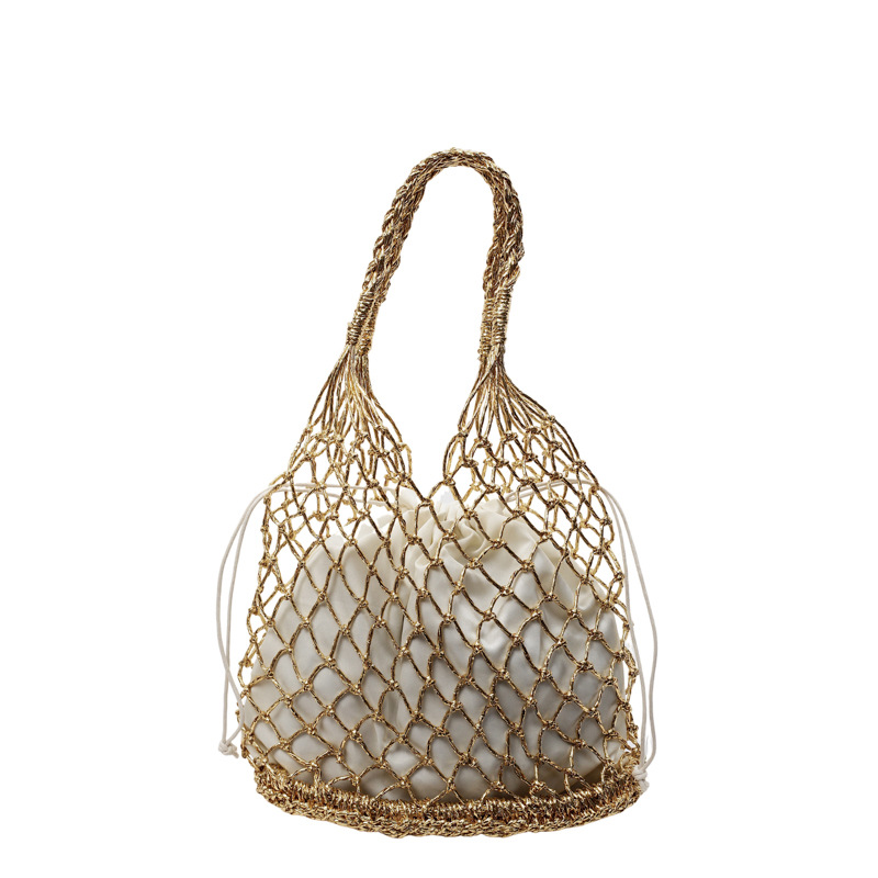 Ins nuevo bolso tejido a mano de hilo dorado y plateado de color sólido, bolso femenino de mano de moda de moda, bolso de playa portátil Mori