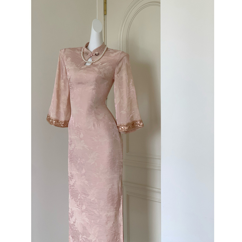 Sweet Moon Fragrance Cheongsam Improved Young Style High-End Pink Dress with Large Sleeves for Early Autumn Long Style