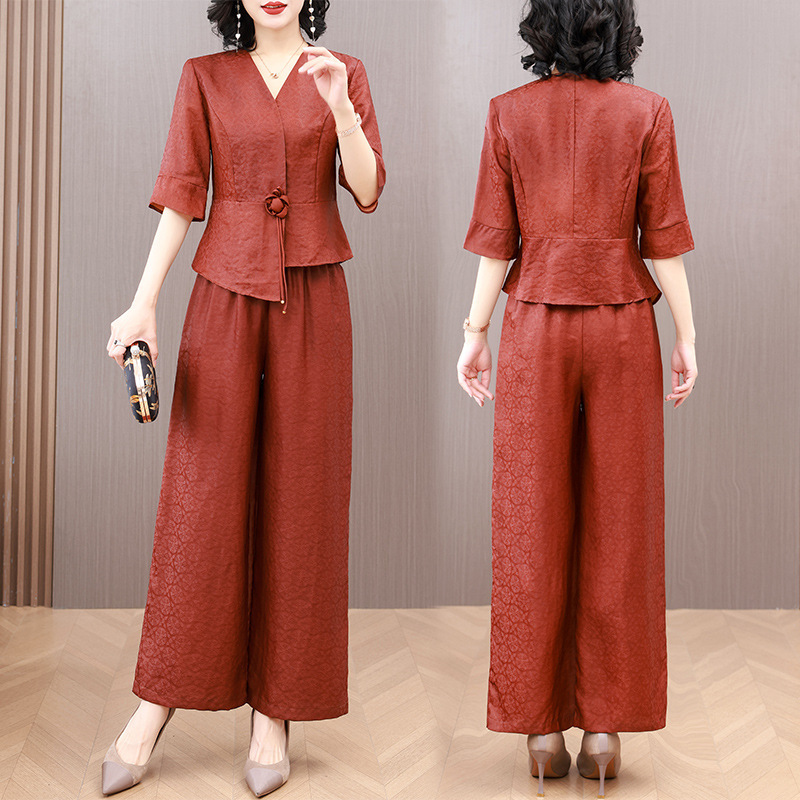 Summer Wedding Mother's Dress Suit for Women, Mother-In-Law, Middle-Aged and Elderly Silk Fragrant Cloud Gauze Top and Wide-Leg Pants Two-Piece Set Summer Wedding Mother's Dress Suit for Women, Mother-In-Law, Middle-Aged and Elderly Silk Fragrant Cloud Gauze Top and Wide-Leg Pants Two-Piece Set