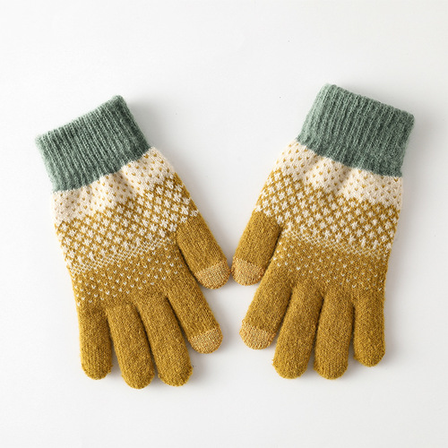 Knitted gloves for men and women, velvet, thickened, cold-proof touch screen, split-finger jacquard warm outdoor cycling gloves