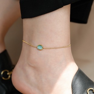 High-grade blue oval opal titanium steel anklet women's summer new light luxury 18K gold retro leg ring anklet
