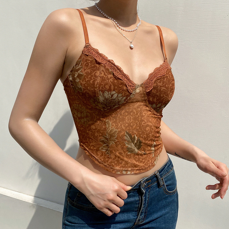 2021 Summer European And American New Sexy Women's Retro Mesh Lace Lace Print Bottoming Suspenders Crop Top