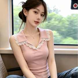 甜辣妹蕾丝翻领针织无袖吊带背心女2026夏季新款修身减龄外穿上衣
