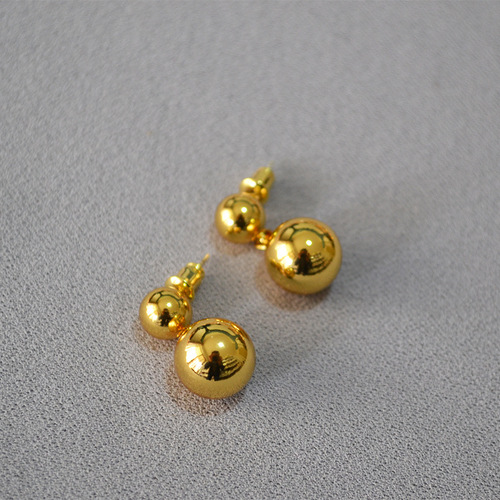 INS Cool Tone Brass Gold Plated Hollow Shiny Double Ball 925 Silver Needle Simple Elegance Earrings for Women