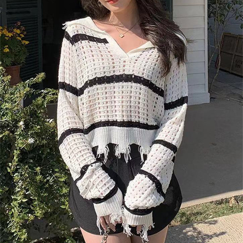 2025 primavera y verano blanco y negro rayas de color hueco chaqueta de moda coreana casual versátil blusa de punto delgada ropa de mujer image 1