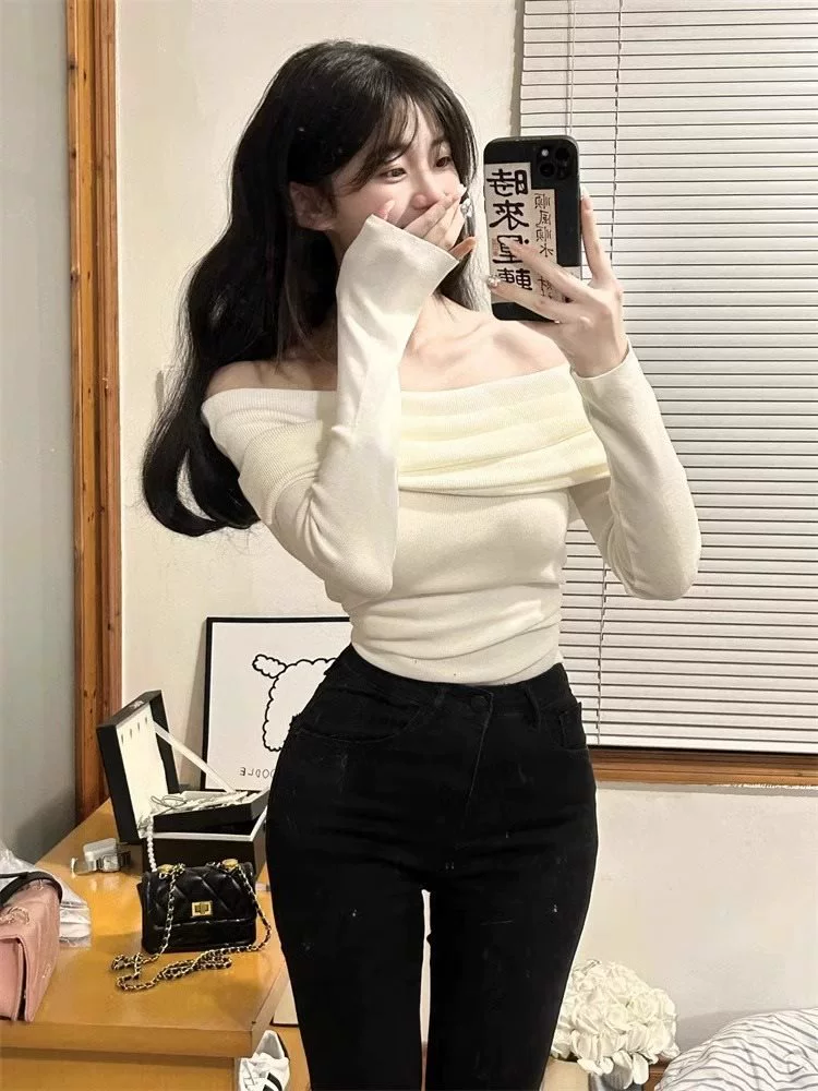 White long-sleeve, spring knitted sweater, open shoulders, 2025 years