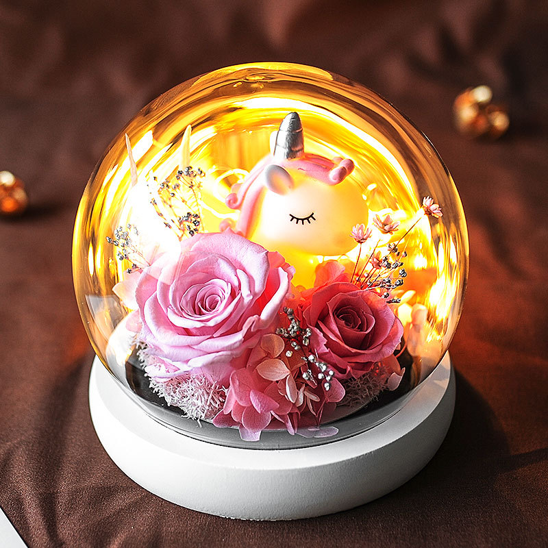 Flor eterna unicornio cubierta de vidrio decoración regalo del Día DE LA Mujer regalo creativo para novia Rosa Flor Eterna producto terminado