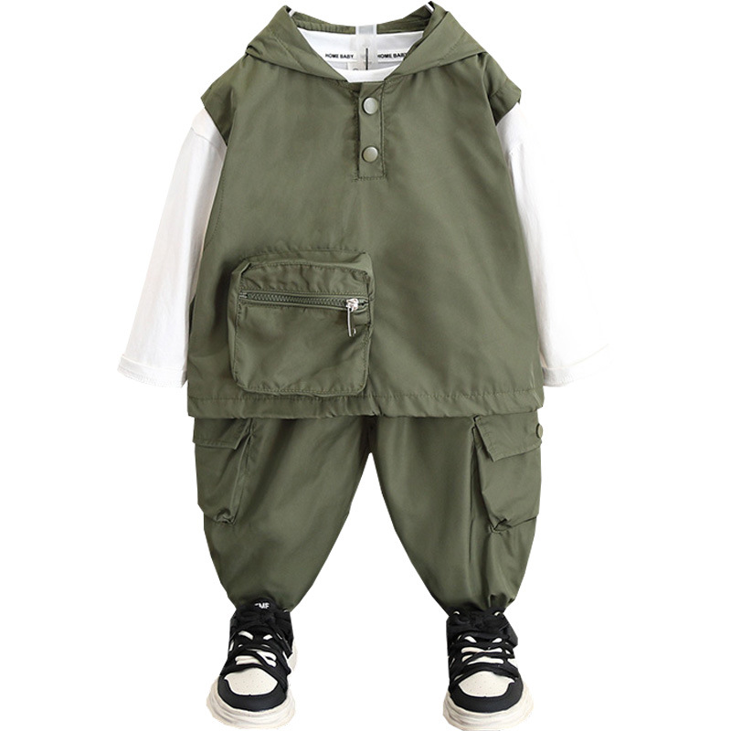 5969 traje de herramientas para niños 2024 otoño nuevo estilo fresco y guapo primavera y otoño para niños chaleco con capucha traje de dos piezas para bebés