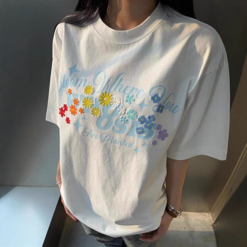 230g cotton shoulder short sleeve T-shirt summer new rainbow flower printed men's and women's couples with half sleeve top