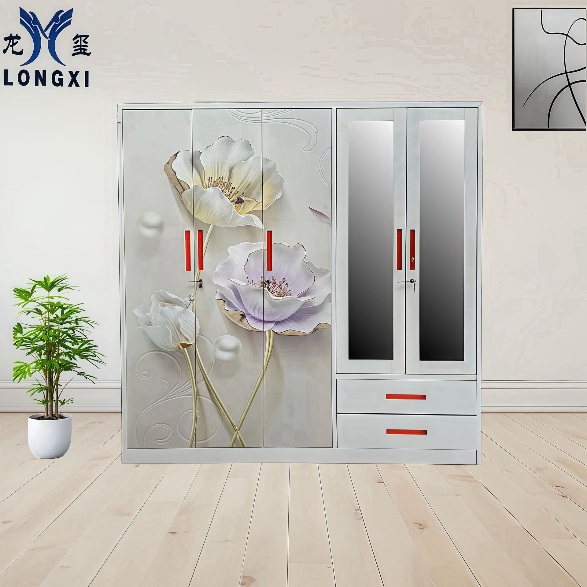 Disassembled Iron-Printed Wardrobe for Home Use, Bedroom Storage Cabinet, Iron Art Swing-Door Storage Cabinet, Cross-Border Certification