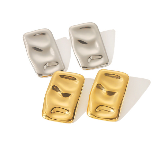 Amazon titanium steel geometric rectangular pleated earrings 18k gold plated glossy exaggerated concave and convex earrings wholesale