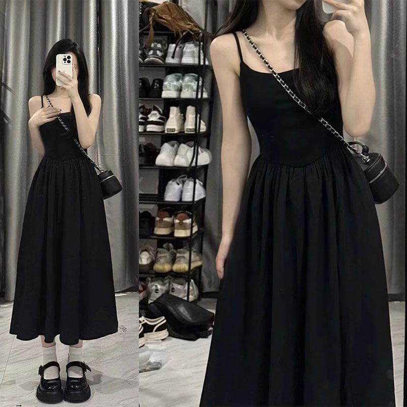 Hepburn style black sleeveless suspender dress women's summer exquisite design sense niche high-grade waist backless dress Hepburn style black sleeveless suspender dress women's summer exquisite design sense niche high-grade waist backless dress