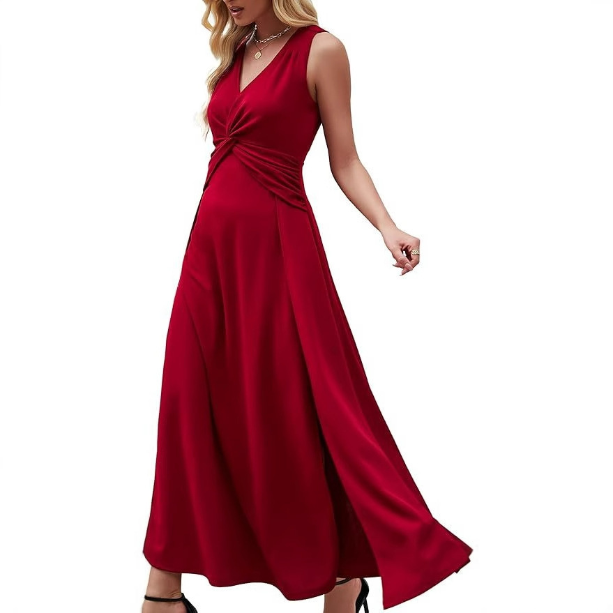 Vestido de invitado de boda para mujer transfronteriza europea y americana vestido formal con cuello en V vestido de noche sin mangas para mujer