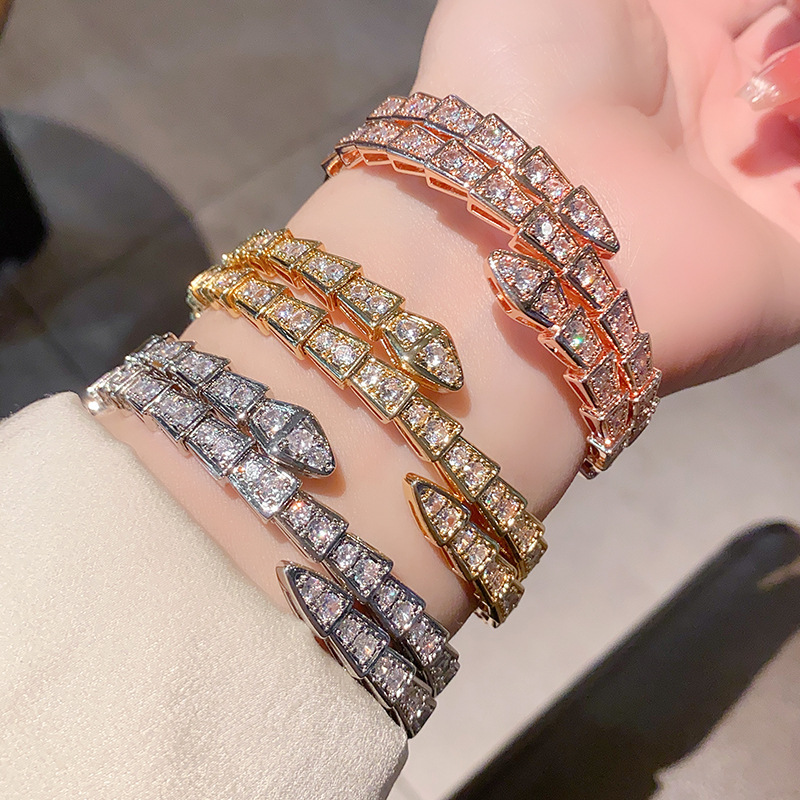 Snake Bracelet Copper Zircon Plated 18k Rose Gold Three Circle Multi Circle Niche Design Bracelet Head Snake Bone Simple Full Diamond