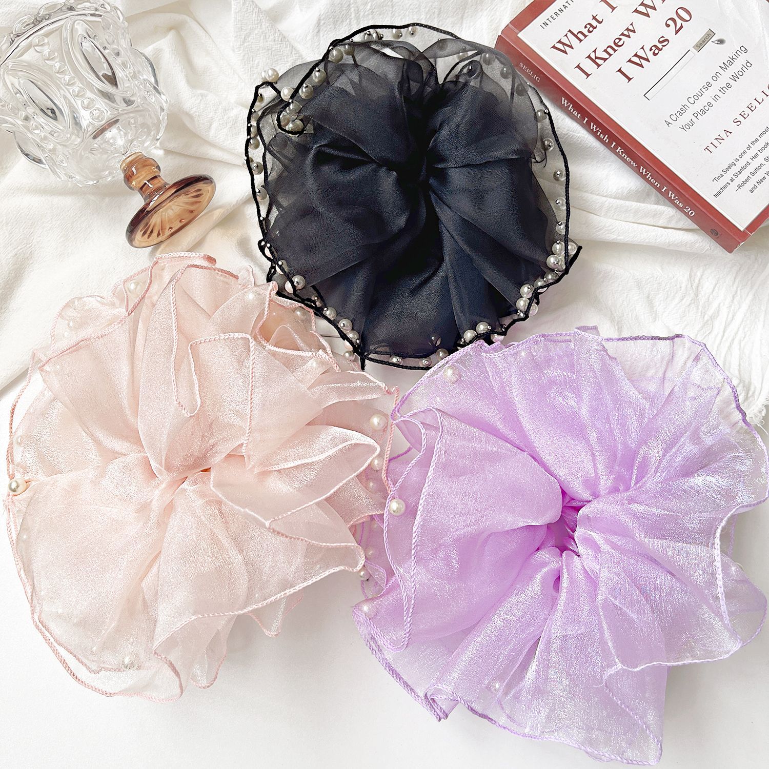 Anillo para el cabello Hepburn, cuentas de malla, círculo para el cabello de intestino grueso, elegante accesorio para el cabello de viento Hepburn, temperamento bajo, tocado de cuerda para el cabello de cola de caballo, mujer