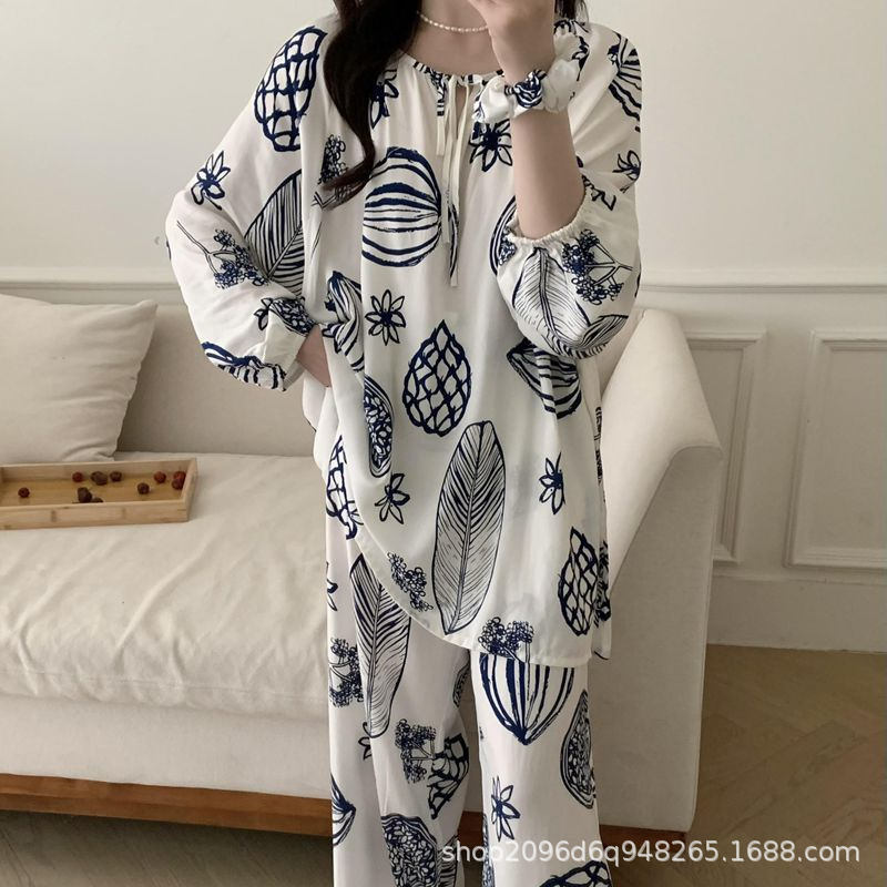 女性用パジャマ、春と秋の長袖人工綿シルク、国民風プリント、ゆったりとした大きいサイズの綿シルクホーム服セット、薄手|undefined