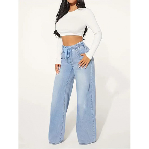 European and American 2025 women's fashion denim high-waisted slimming drawstring loose wide-leg pants