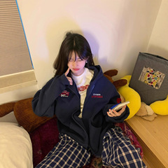 美式复古刺绣连帽开衫卫衣男女宽松休闲运动帽衫2025年早秋冬外套