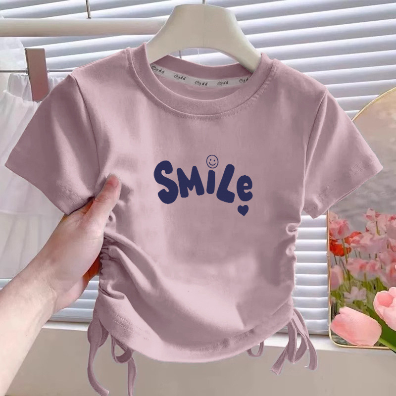 純綿中大子供用不規則巾着半袖Tシャツ女の子夏デザインラウンドネック子供服ショートトップス|undefined