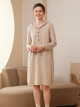 山羊绒针织打底衫女长袖连帽带扣时尚百搭中长款套头宽松保暖毛衣