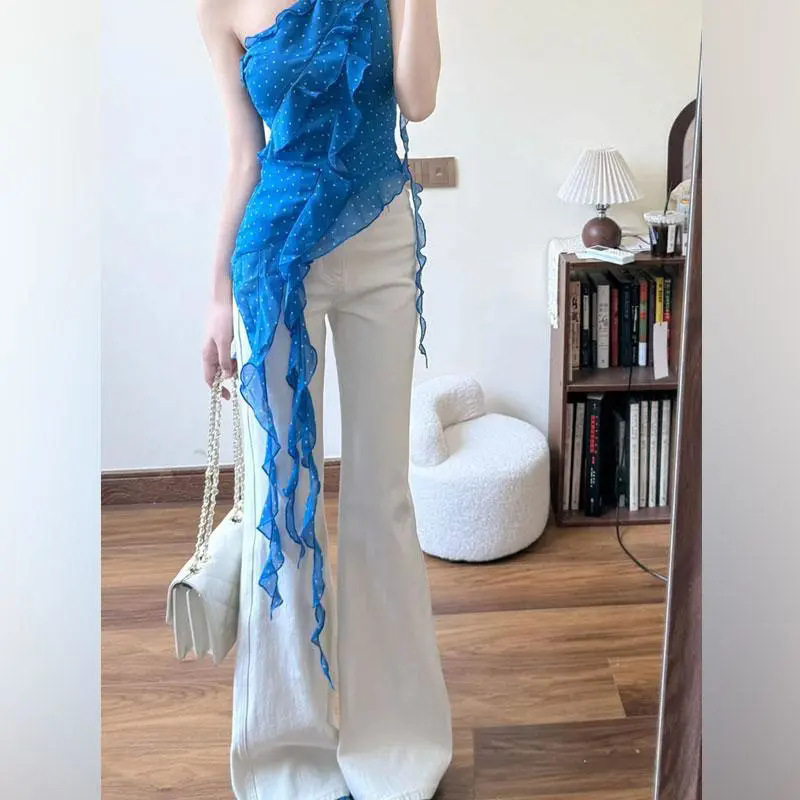 フレンチシフォンシャツ、不規則なリボンフリルトップ、女性用夏の美しいスーパーハンサムなブーツカットジーンズスーツ|undefined