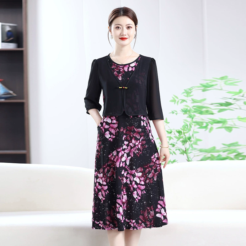 Летнее модное платье для мамы, модная женская летняя шифоновая юбка средней длины с короткими рукавами и принтом для женщин среднего и пожилого возраста.