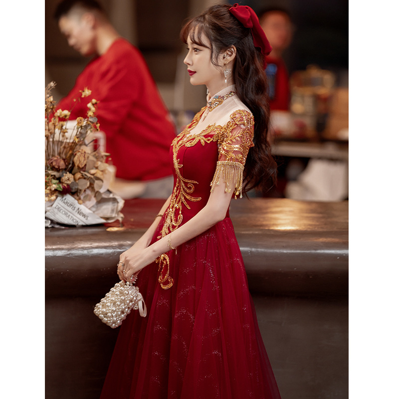 Vestido tostado de estilo chino para la novia, boda transfronteriza, ropa informal el día de la boda, vestido de compromiso de primavera burdeos, vestido de novia para mujer