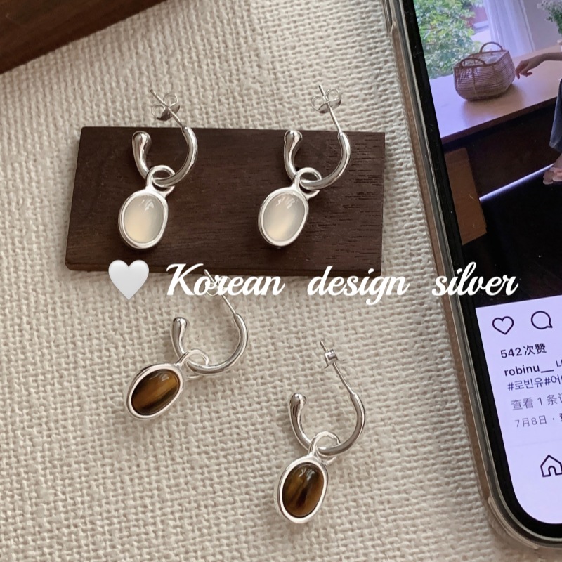 韓國2024年春夏新款高級感耳飾品 S925純銀橢圓白玉髓虎眼石耳環