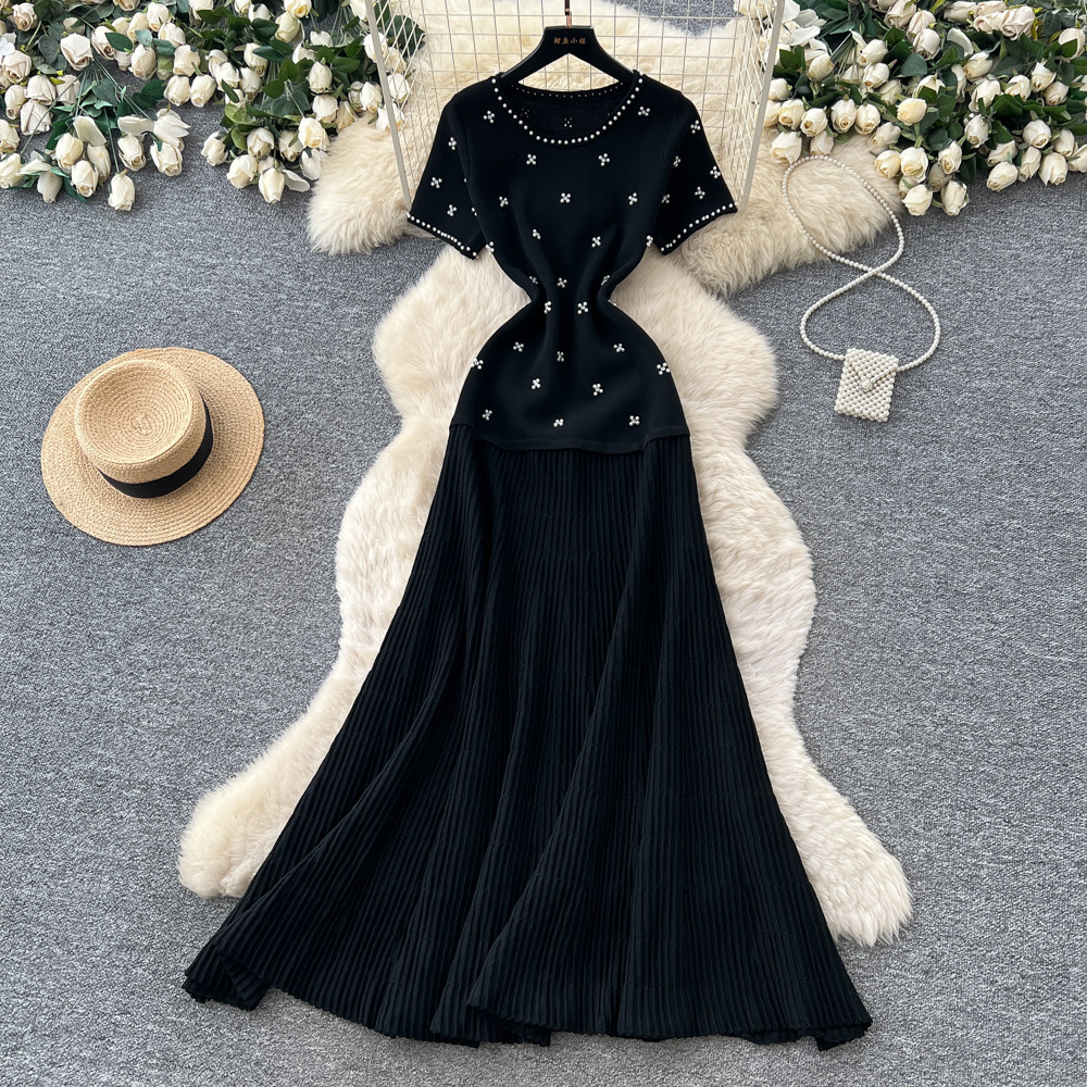 Women's French Style Beaded Short Sleeved Dress Summer Gentle Feminine High Waisted A-Line Skirt Slimming Flattering for Commuting_ecoleips.com