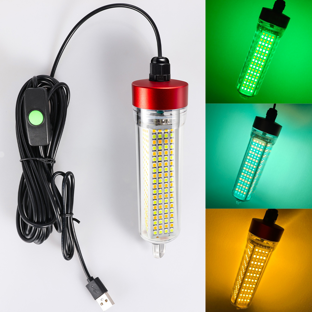 Cross-Border Night Fishing Dual-Light Fish Gathering Lamp Underwater Fish-Attracting Green Light Lamp for Sea Bream and Hairtail Led Fish Gathering Ice Fishing 5V Sea Fishing Lamp