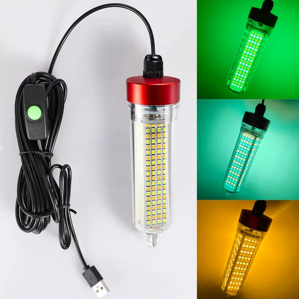Cross-Border Night Fishing Dual-Light Fish Gathering Lamp Underwater Fish-Attracting Green Light Lamp for Sea Bream and Hairtail Led Fish Gathering Ice Fishing 5V Sea Fishing Lamp