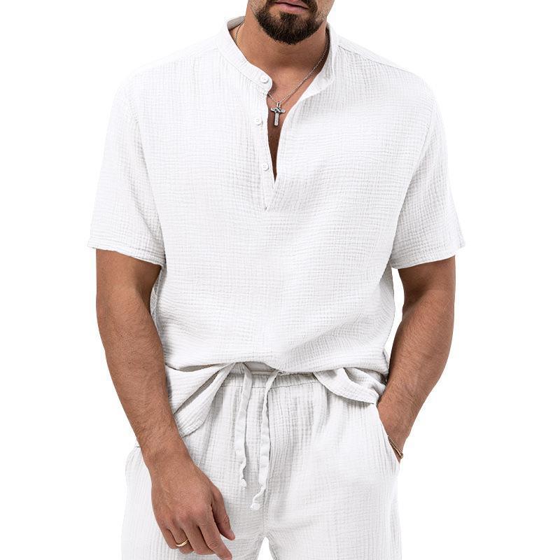 Men's Casual 3-Piece Outfit, Short Sleeve T-Shirt & Shirt With Trousers, Solid Color Summer Lounge Set_viptrois.com