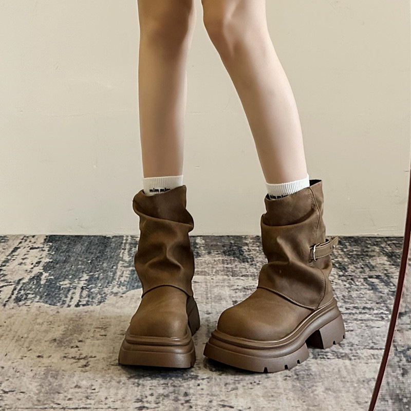 堆堆短靴女2025新款秋厚底马丁靴女款棕色靴子美拉德裤管靴|undefined