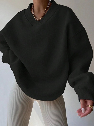 2025 new autumn Amazon European and American casual women's solid color long-sleeved round neck sweatshirt loose large size sweatshirt