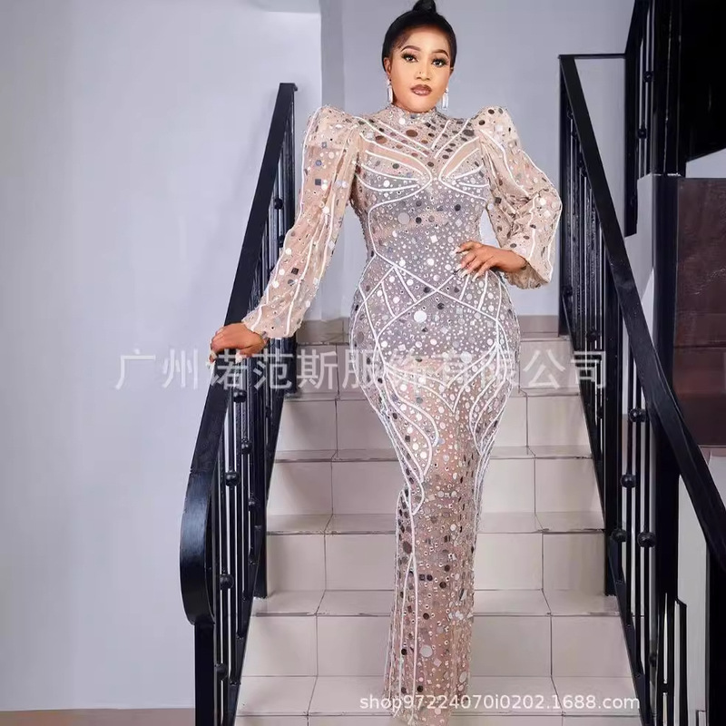 Fashion Elegant Costume Nude Sequin Dress Women's Evening Dress Long Gorgeous Cocktail Mesh Dress
