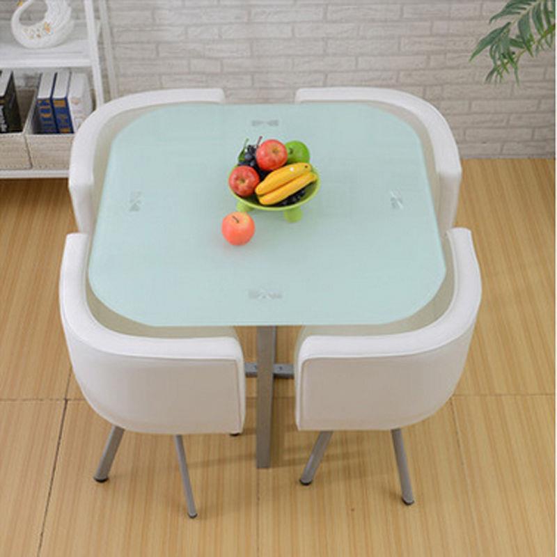 Mesa y sillas de comedor modernas, mesa redonda pequeña de vidrio templado, mesa y sillas para recepción y negociación, una mesa y cuatro sillas, cocina de inducción.