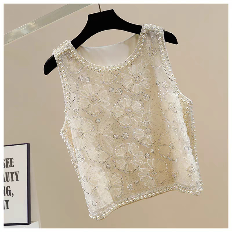 Trendy Heavy Sequin and Pearl Embellished Women's Versatile Loose-Fitting Floral Vest with Tie-Up Design in a Chanel-Style Fashion Trendy Heavy Sequin and Pearl Embellished Women's Versatile Loose-Fitting Floral Vest with Tie-Up Design in a Chanel-Style Fashion