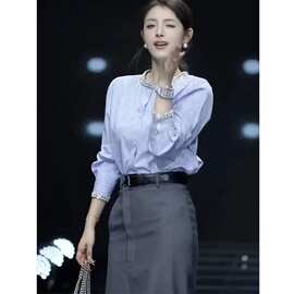 网红新款时尚通勤两件套裙女2024秋季新款显白条纹衬衫+显瘦半裙