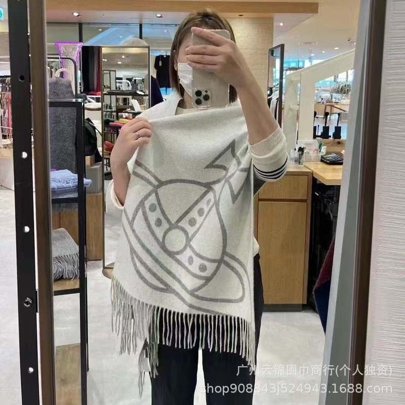 25新款VIVI大土星西太后羊毛围巾女秋冬刺绣流苏双面羊绒情侣披肩|undefined