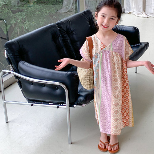 Girls skirt ethnic style V-neck dress princess skirt 24 summer clothes new foreign trade children's clothing drop shipping 3-8 years old