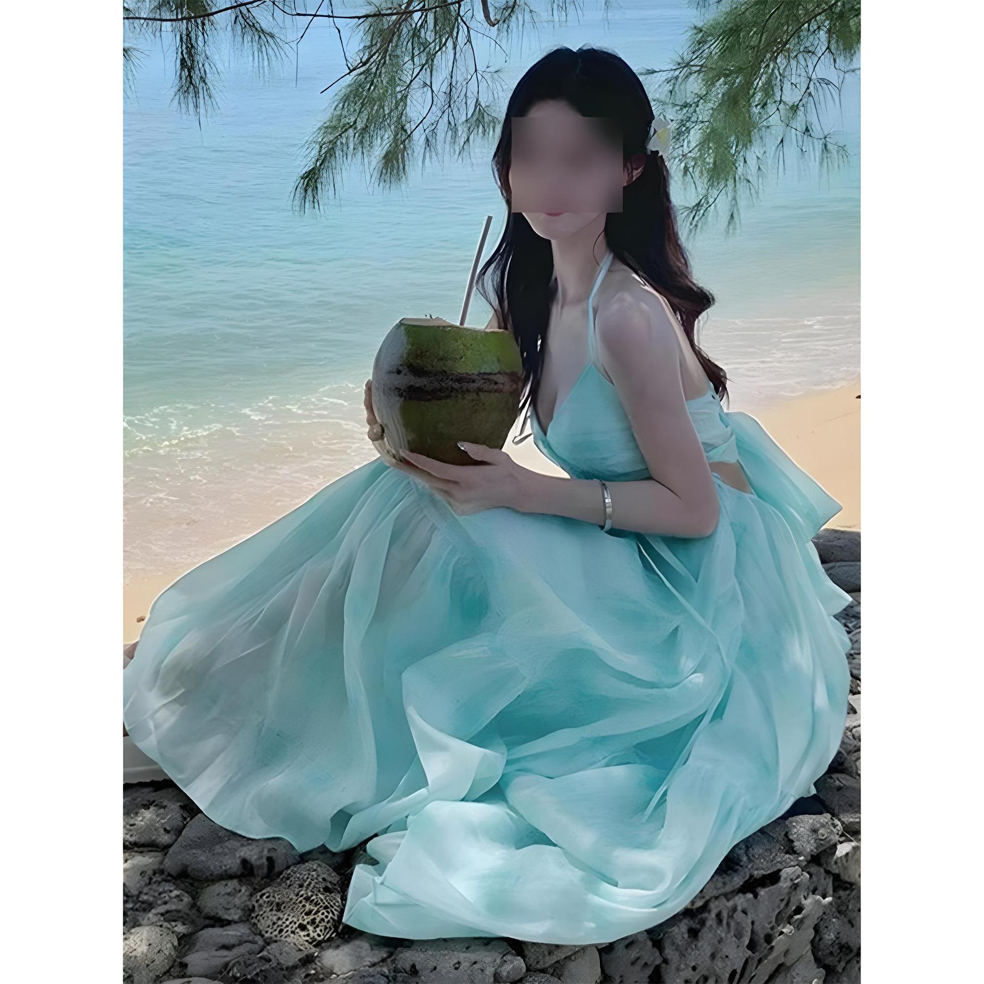 여성용 여행 그린 백리스 홀터넥 서스펜더 가슴 패드 드레스 여름 산야 해변 휴가 비치 드레스 슈퍼 요정 착용
