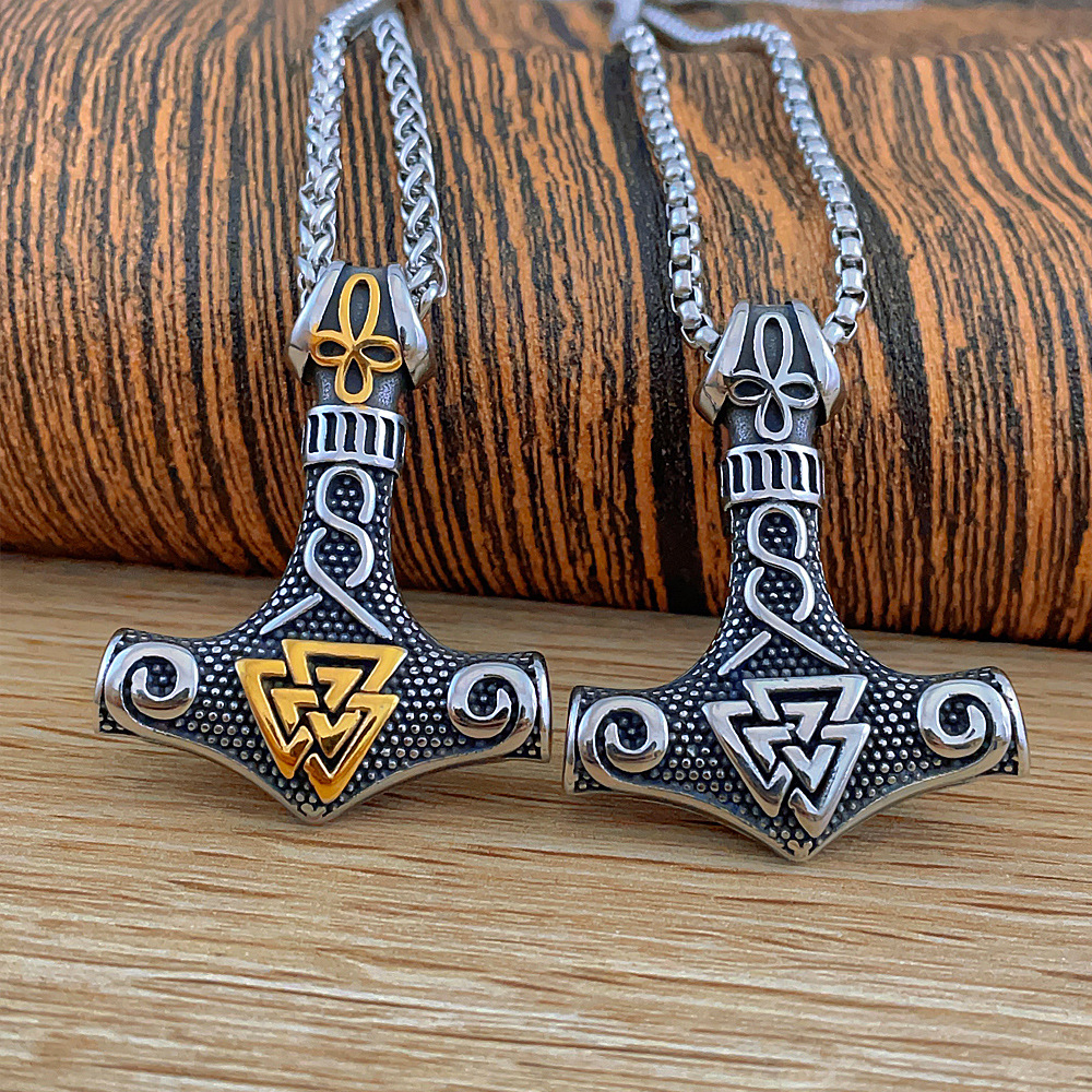 Cross mirror European and American new stainless steel men's pendant necklace Viking aoding Celtic triangle knot Thor hammer