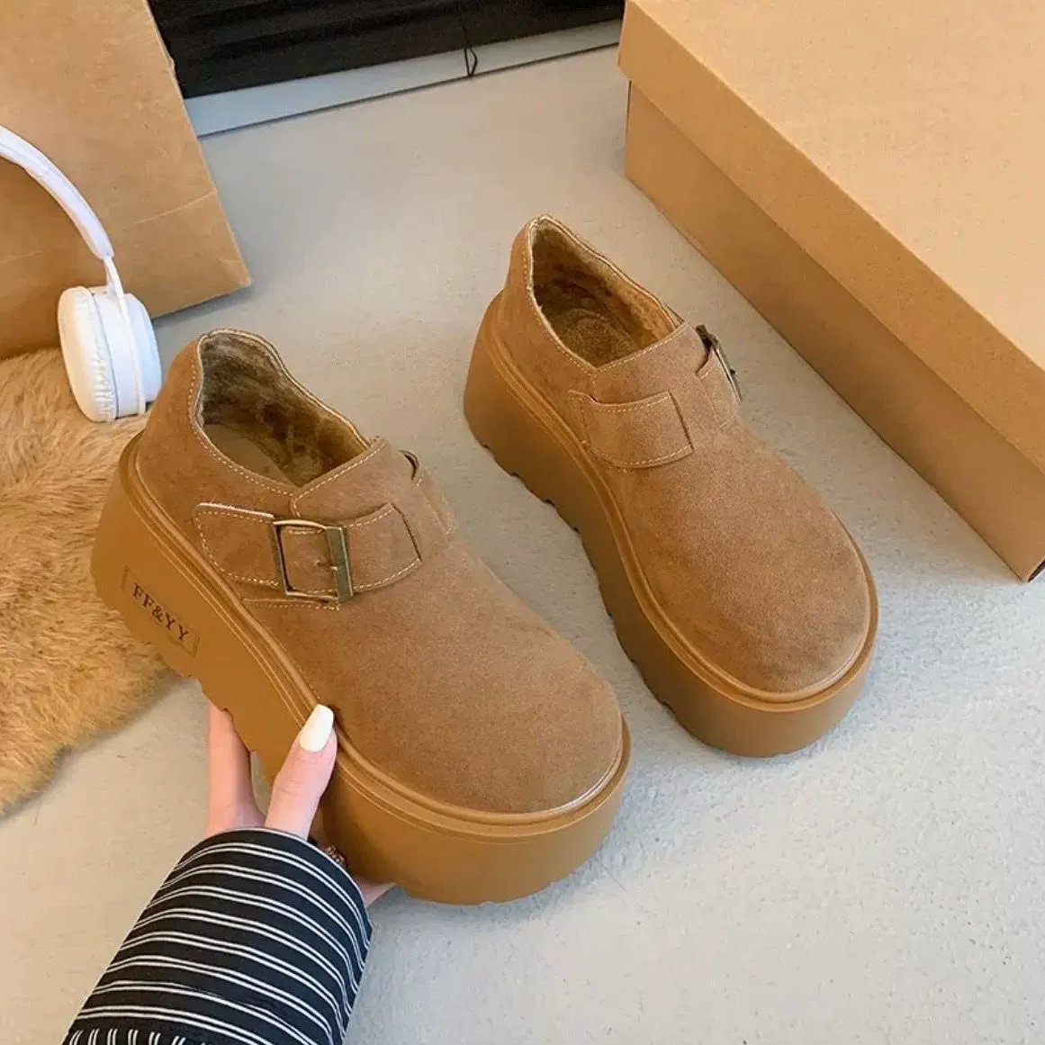 Birken Shoes 2024 Осенние и зимние женские туфли один педаль плюс бархат увеличен на 7 см