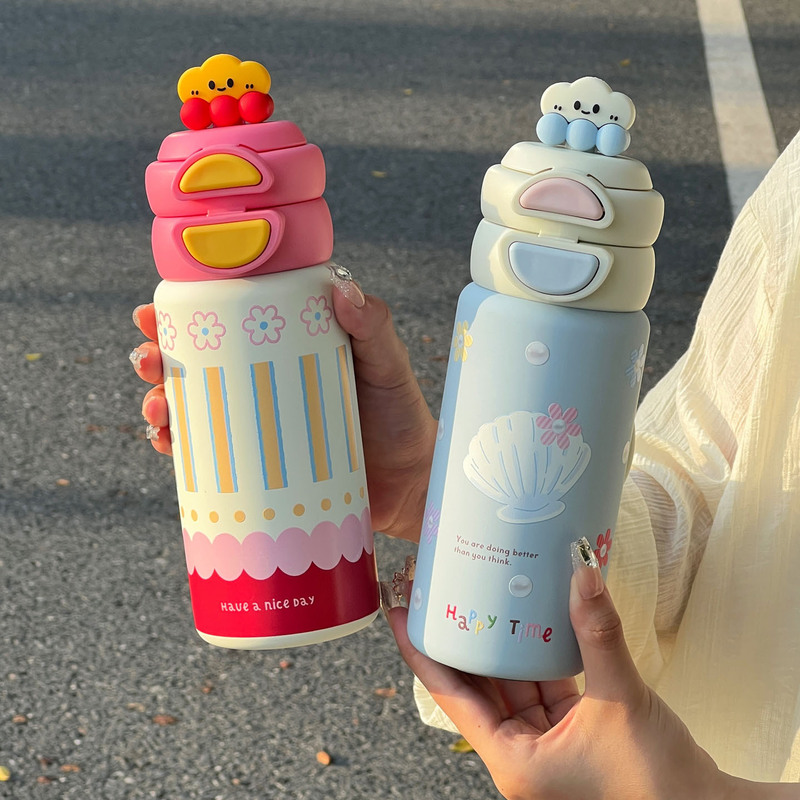 新款高颜值双饮吸管杯316不锈钢保温杯可爱公仔女生儿童水杯批发|undefined