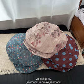 复古碎花蕾丝透气贝雷帽女春夏季氛围感软檐褶皱时尚百搭画家帽子