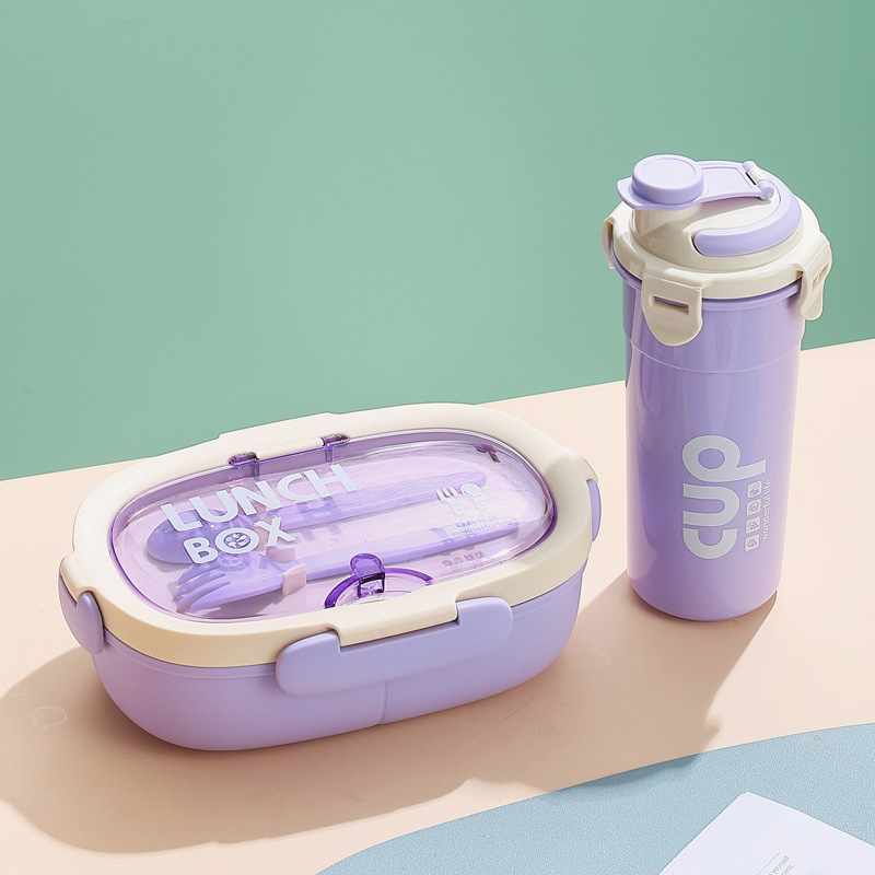 Caja de almuerzo elíptica simple con taza de agua, caja de almuerzo de estudiantes, oficina, caja de almuerzo portátil con cubiertos